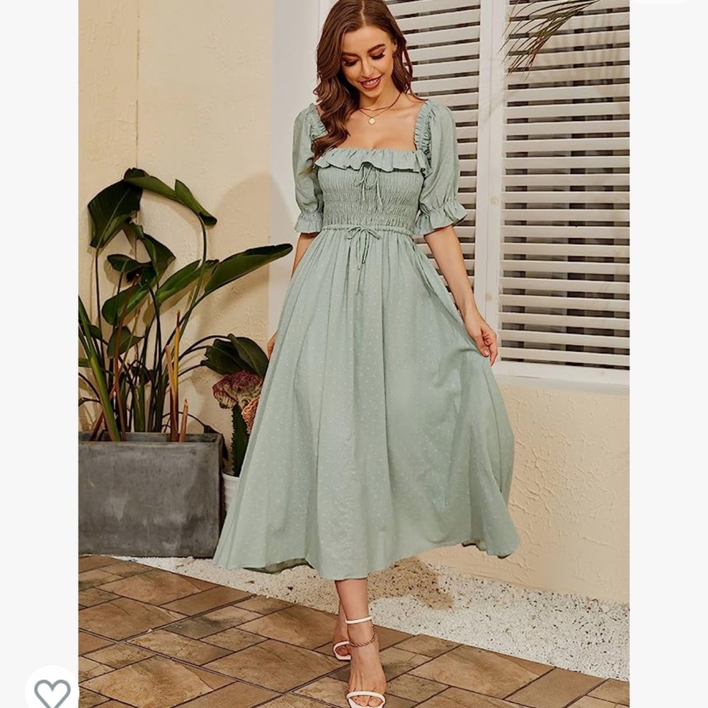 Sage green dress, polka dots, with puff sleeves - Picture 3 of 4